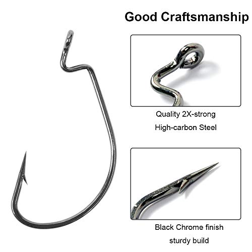 UCEC Fishing Hooks, 100pcs/box Offset Wide Gap 2X Strong Worm Hooks Senko Bait Jig Fish Hooks for Bass Trout Saltwater Freshwater Size:#1 1/0 2/0 3/0 4/0 5/0