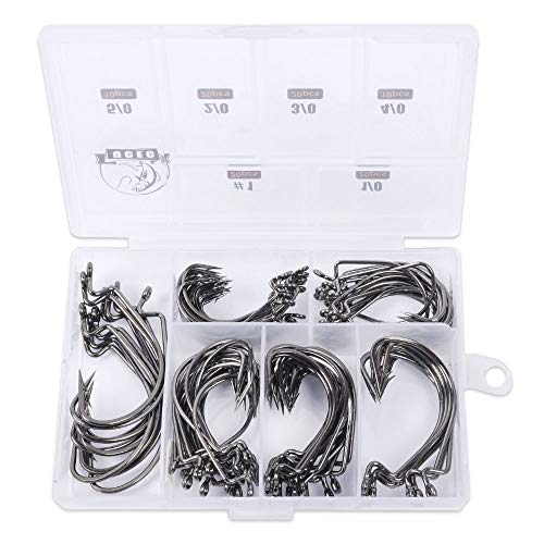 UCEC Fishing Hooks, 100pcs/box Offset Wide Gap 2X Strong Worm Hooks Senko Bait Jig Fish Hooks for Bass Trout Saltwater Freshwater Size:#1 1/0 2/0 3/0 4/0 5/0