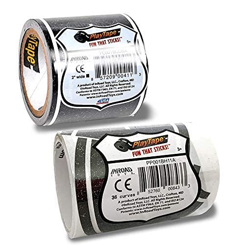 PlayTape Road Tape and Curves for Toy Cars - 1 Roll of 30 ft. x 2 in. Black Road + 1 Roll of 36 Curves