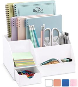 office desk organizer, white acrylic, with drawer, 9 compartments, all in one office supplies and cool desk accessories organizer, pen holder, enhance your office decor desktop organizer (white)