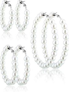 3 pairs pearl hoop earrings pearl earrings for women girl brides gift (silver earring needle)