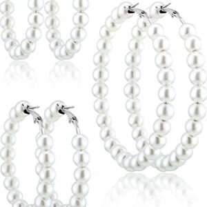 3 Pairs Pearl Hoop Earrings Pearl Earrings for Women Girl Brides Gift (Silver Earring Needle)