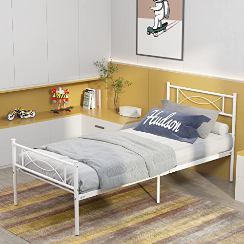 SimLife Metal Platform Bed Metal Big Girl Kids Adults Princess Bed Frame Mattress Foundation White