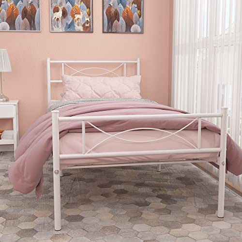 SimLife Metal Platform Bed Metal Big Girl Kids Adults Princess Bed Frame Mattress Foundation White