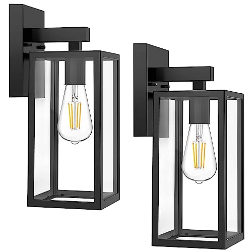 MAXvolador Outdoor Wall Sconce, Exterior Waterproof Wall Lantern Light Fixtures, Black Porch Lights with Toughened Glass Shade, Anti-Rust E26 Socket Front Door Wall Mount Lighting for Garage, 2 Pack