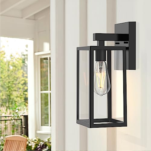 MAXvolador Outdoor Wall Sconce, Exterior Waterproof Wall Lantern Light Fixtures, Black Porch Lights with Toughened Glass Shade, Anti-Rust E26 Socket Front Door Wall Mount Lighting for Garage, 2 Pack