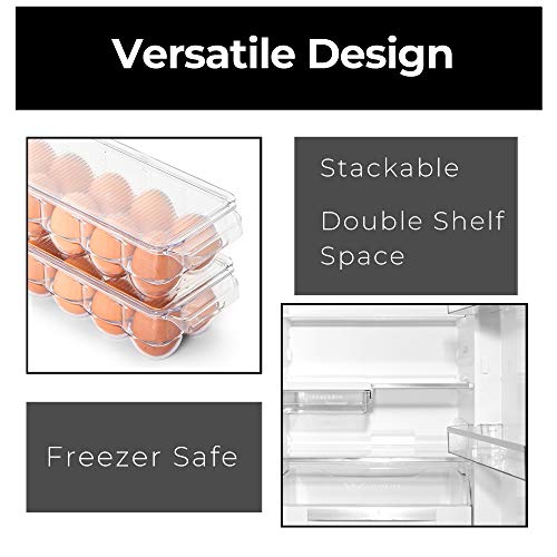 Smart Design Stackable Egg Holder for Refrigerator – Set of 4, Holds 32 Eggs Total, 15 x 4 in. – Egg Holder with Handle and Lid for Easy Fridge Organization and Storage – Made with BPA-Free Plastic