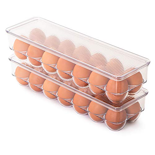 Smart Design Stackable Egg Holder for Refrigerator – Set of 4, Holds 32 Eggs Total, 15 x 4 in. – Egg Holder with Handle and Lid for Easy Fridge Organization and Storage – Made with BPA-Free Plastic