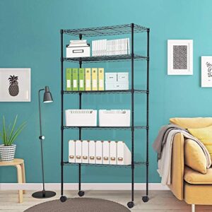 5 tier wire shelving unit with wheels metal storage shelves nsf wire shelf adjustable layer rack for pantry closet kitchen laundry organization in black,14”wx30”dx60”h