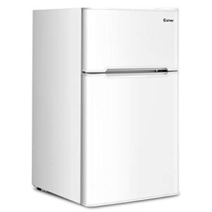 costway compact refrigerator, 3.2 cu ft. unit 2-door freezer cooler fridge with reversible door, removable glass shelves, mechanical control, recessed handle for dorm, office, apartment (white)