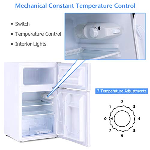 COSTWAY Compact Refrigerator, 3.2 cu ft. Unit 2-Door Freezer Cooler Fridge with Reversible Door, Removable Glass Shelves, Mechanical Control, Recessed Handle for Dorm, Office, Apartment (White)