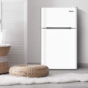 COSTWAY Compact Refrigerator, 3.2 cu ft. Unit 2-Door Freezer Cooler Fridge with Reversible Door, Removable Glass Shelves, Mechanical Control, Recessed Handle for Dorm, Office, Apartment (White)