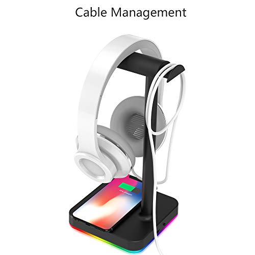 KAFRI RGB Headphone Stand with Wireless Charger Desk Gaming Headset Holder Hanger Rack with 10W/7.5W Fast Charge QI Wireless Charging Pad - Suitable for Gamer Desktop Table Game Earphone Accessories