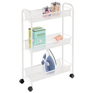mdesign steel rolling utility cart storage organizer trolley with 3 basket shelves for laundry room, mudroom, garage, bathroom organization - holds detergents, hand soap - biro collection, white