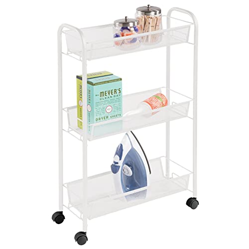 mDesign Steel Rolling Utility Cart Storage Organizer Trolley with 3 Basket Shelves for Laundry Room, Mudroom, Garage, Bathroom Organization - Holds Detergents, Hand Soap - Biro Collection, White