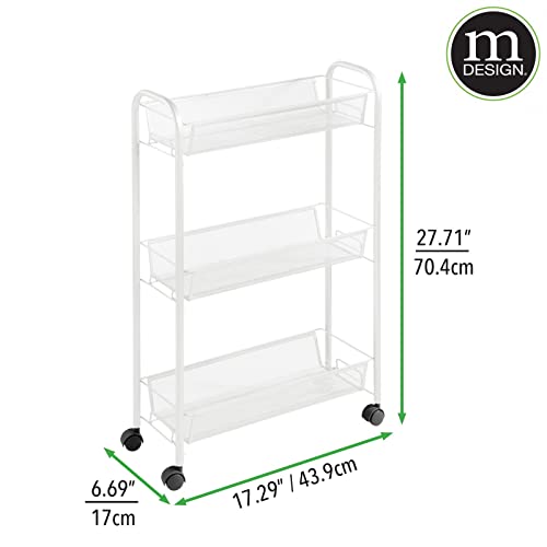 mDesign Steel Rolling Utility Cart Storage Organizer Trolley with 3 Basket Shelves for Laundry Room, Mudroom, Garage, Bathroom Organization - Holds Detergents, Hand Soap - Biro Collection, White