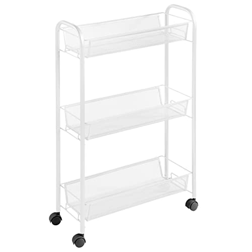 mDesign Steel Rolling Utility Cart Storage Organizer Trolley with 3 Basket Shelves for Laundry Room, Mudroom, Garage, Bathroom Organization - Holds Detergents, Hand Soap - Biro Collection, White