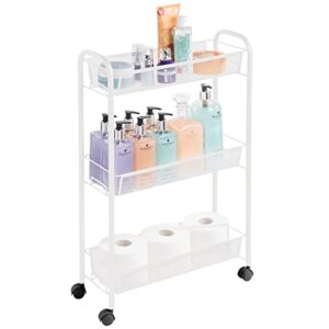 mDesign Steel Rolling Utility Cart Storage Organizer Trolley with 3 Basket Shelves for Laundry Room, Mudroom, Garage, Bathroom Organization - Holds Detergents, Hand Soap - Biro Collection, White