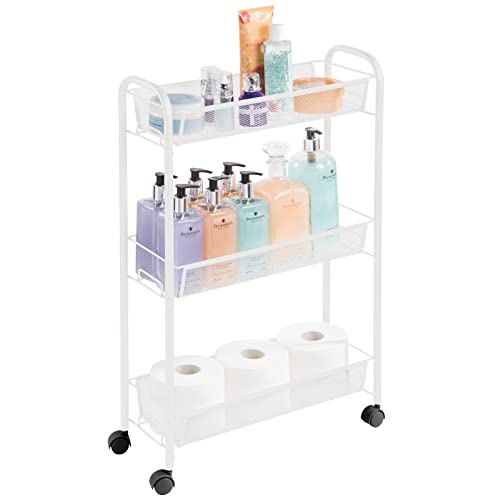 mDesign Steel Rolling Utility Cart Storage Organizer Trolley with 3 Basket Shelves for Laundry Room, Mudroom, Garage, Bathroom Organization - Holds Detergents, Hand Soap - Biro Collection, White