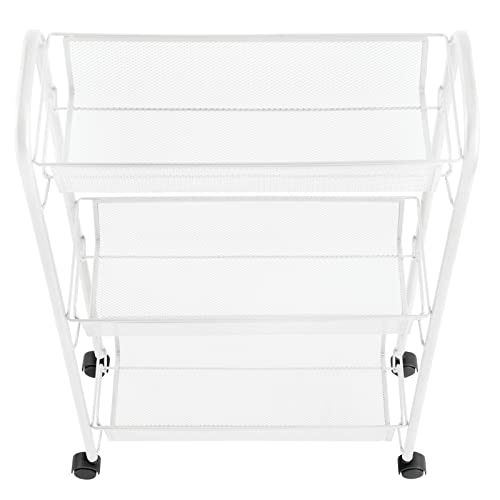 mDesign Steel Rolling Utility Cart Storage Organizer Trolley with 3 Basket Shelves for Laundry Room, Mudroom, Garage, Bathroom Organization - Holds Detergents, Hand Soap - Biro Collection, White