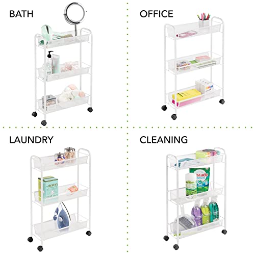 mDesign Steel Rolling Utility Cart Storage Organizer Trolley with 3 Basket Shelves for Laundry Room, Mudroom, Garage, Bathroom Organization - Holds Detergents, Hand Soap - Biro Collection, White