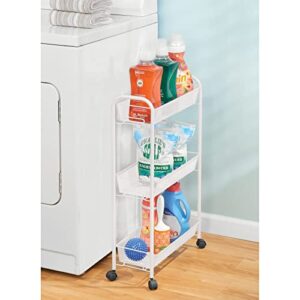 mDesign Steel Rolling Utility Cart Storage Organizer Trolley with 3 Basket Shelves for Laundry Room, Mudroom, Garage, Bathroom Organization - Holds Detergents, Hand Soap - Biro Collection, White