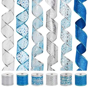 vatin christmas ribbon,wired holiday party ribbons assorted snowflake dot holly star patterns decorations, swirl sheer glitter ribbon 36 yards (2.5" width x 6yard each roll) -blue/silver