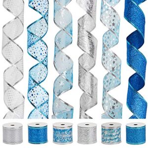 VATIN Christmas Ribbon,Wired Holiday Party Ribbons Assorted Snowflake Dot Holly Star Patterns Decorations, Swirl Sheer Glitter Ribbon 36 Yards (2.5" Width x 6Yard Each Roll) -Blue/Silver