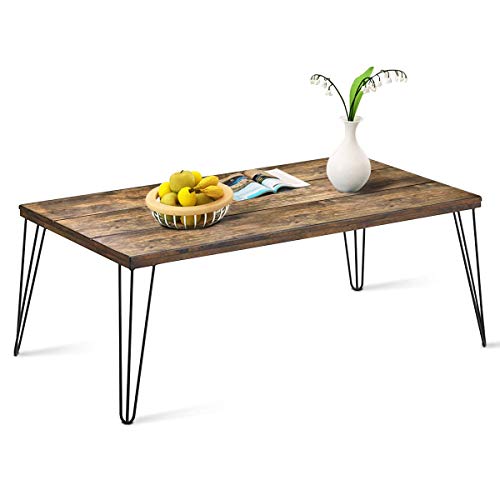 Giantex Rustic Coffee Table w/Wooden Top & Metal Hairpin Legs, 44" Large Rectangle Sofa Table w/Spray Paint, Industrial Style, Boho Wooden Table for Living Room, Reception Room, Home Office (Walnut)