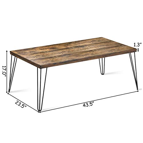 Giantex Rustic Coffee Table w/Wooden Top & Metal Hairpin Legs, 44" Large Rectangle Sofa Table w/Spray Paint, Industrial Style, Boho Wooden Table for Living Room, Reception Room, Home Office (Walnut)