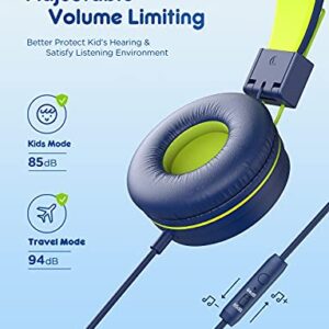 iClever Kids Headphones with Microphone - 85dB/94dB Volume Limited - Stereo 3.5mm Jack Tangle-Free Wired Headphones for Kids, Foldable - Childrens Headphones for Boys/Girls/School/Travel/iPad, Green