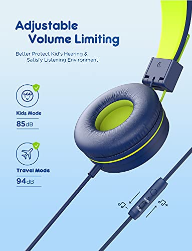 iClever Kids Headphones with Microphone - 85dB/94dB Volume Limited - Stereo 3.5mm Jack Tangle-Free Wired Headphones for Kids, Foldable - Childrens Headphones for Boys/Girls/School/Travel/iPad, Green