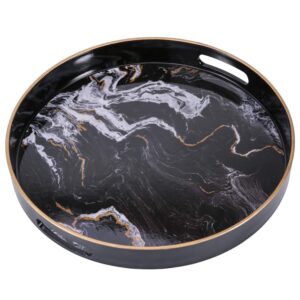 zosenley round decorative tray, marbling plastic tray with handles, modern vanity tray and serving tray for ottoman, coffee table, kitchen and bathroom, size 13", black