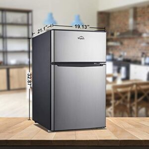 Walsh Compact Retro Refrigerator, Dual Door Mini Fridge, Energy Efficient, Adjustable Mechanical Thermostat with Freezer, Reversible Doors with leveling Front Legs, 3.1 Cu Ft, Stainless Steel