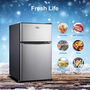 Walsh Compact Retro Refrigerator, Dual Door Mini Fridge, Energy Efficient, Adjustable Mechanical Thermostat with Freezer, Reversible Doors with leveling Front Legs, 3.1 Cu Ft, Stainless Steel
