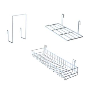friade wall grid panel hanging basket with hooks,bookshelf,display shelf,wall organizer and storage shelf for home supplies,1 set of 3 (white)