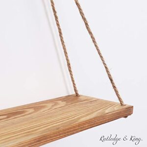 Rutledge & King Hanging Wall Shelves - Distressed Wooden Hanging Storage Shelves - Rustic Swing Rope (1, Light Brown)