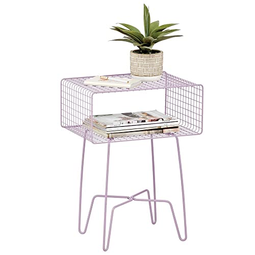 mDesign Modern Industrial Side Table, Storage Shelf, 2-Tier Metal Minimal End Table, Metallic Caged Grid - Accent Furniture for Living Room, Bedroom, Office, Dorm, Concerto Collection, Light Purple