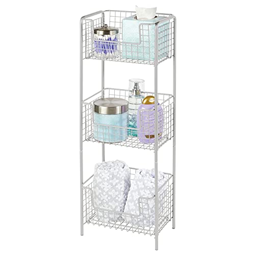 mDesign Steel Freestanding Storage Organizer Tower Rack Basket Shelf, Metal 3-Tier Furniture Unit for Master/Guest Bathroom, Powder Room - Holds Bath Towels, Soap - Concerto Collection - Stone Gray