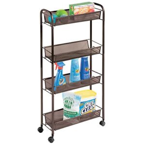 mdesign slim steel metal rolling utility cart storage organizer trolley with 4 basket shelves for laundry room, kitchen, bathroom organization - narrow holder for detergent - biro collection, bronze