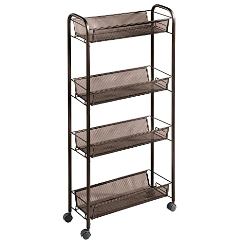 mDesign Slim Steel Metal Rolling Utility Cart Storage Organizer Trolley with 4 Basket Shelves for Laundry Room, Kitchen, Bathroom Organization - Narrow Holder for Detergent - Biro Collection, Bronze