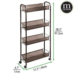 mDesign Slim Steel Metal Rolling Utility Cart Storage Organizer Trolley with 4 Basket Shelves for Laundry Room, Kitchen, Bathroom Organization - Narrow Holder for Detergent - Biro Collection, Bronze