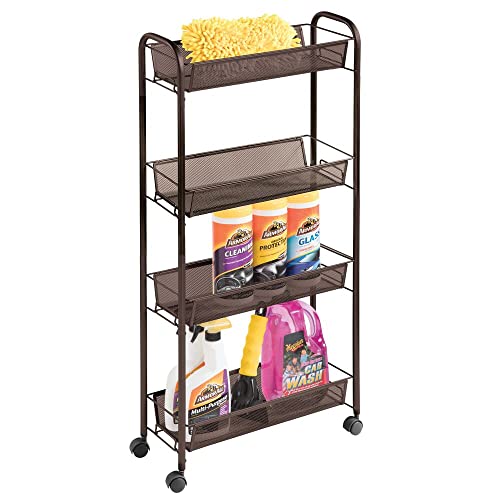 mDesign Slim Steel Metal Rolling Utility Cart Storage Organizer Trolley with 4 Basket Shelves for Laundry Room, Kitchen, Bathroom Organization - Narrow Holder for Detergent - Biro Collection, Bronze