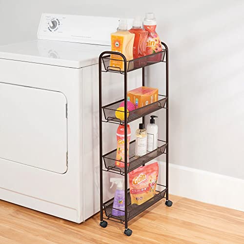 mDesign Slim Steel Metal Rolling Utility Cart Storage Organizer Trolley with 4 Basket Shelves for Laundry Room, Kitchen, Bathroom Organization - Narrow Holder for Detergent - Biro Collection, Bronze