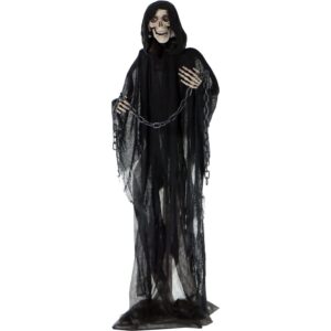 haunted hill farm life-size animated grim reaper prop w/chain and rotating head for indoor or outdoor halloween decoration, battery-operated