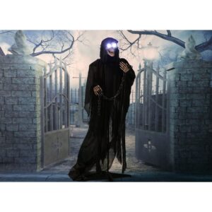 Haunted Hill Farm Life-Size Animated Grim Reaper Prop w/Chain and Rotating Head for Indoor or Outdoor Halloween Decoration, Battery-Operated
