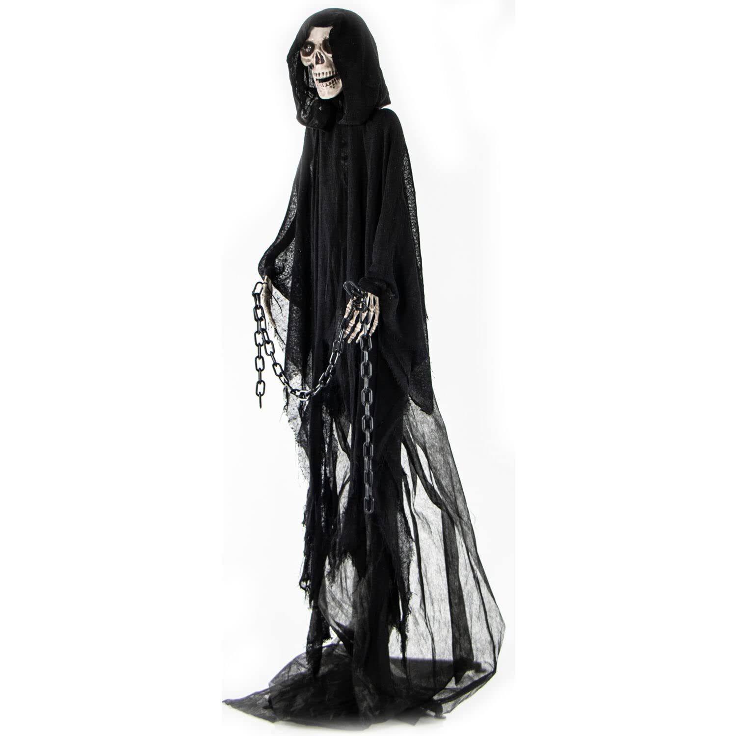 Haunted Hill Farm Life-Size Animated Grim Reaper Prop w/Chain and Rotating Head for Indoor or Outdoor Halloween Decoration, Battery-Operated