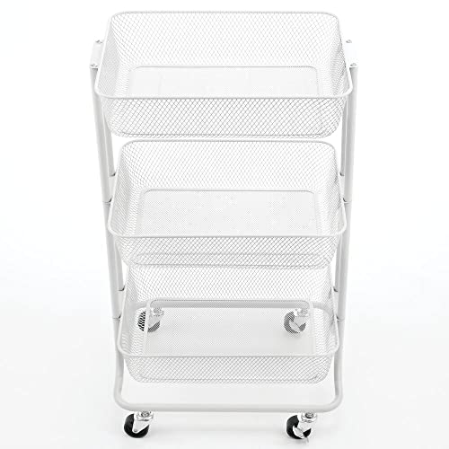 mDesign Metal 3-Tier Portable Rolling Household Storage Cart for Bathroom, Kitchen, Craft Room, Laundry Room, and Kid's Playroom - 4 Rotating Wheels - White