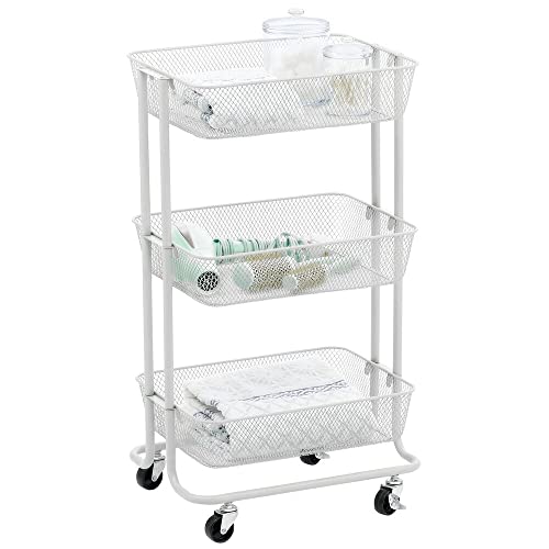 mDesign Metal 3-Tier Portable Rolling Household Storage Cart for Bathroom, Kitchen, Craft Room, Laundry Room, and Kid's Playroom - 4 Rotating Wheels - White