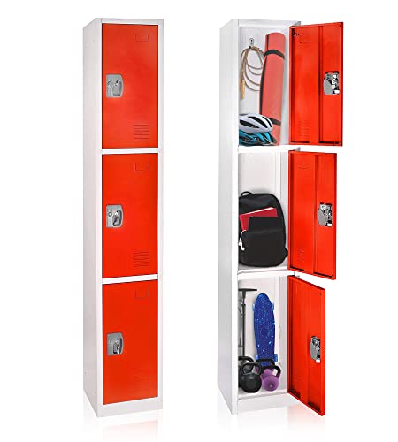 AdirOffice Large School Locker with 3 Doors 3 Hooks Storage Locker - Metal Storage Locker Cabinet Ideal for School, Garage, Office Lockers - (3 Door, Red)